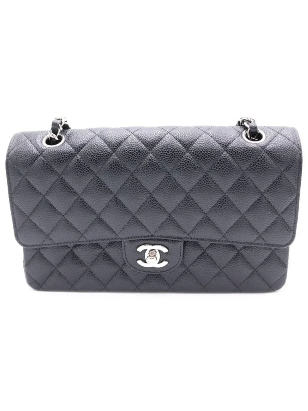 Chanel Quilted 25 Double Flap Chain Shoulder Bag Black Caviar Leather Silver